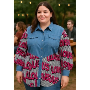 Ashley Stewart Woman's Denim Bodice Shirt Button-Down Pink Graphic Print Size 16